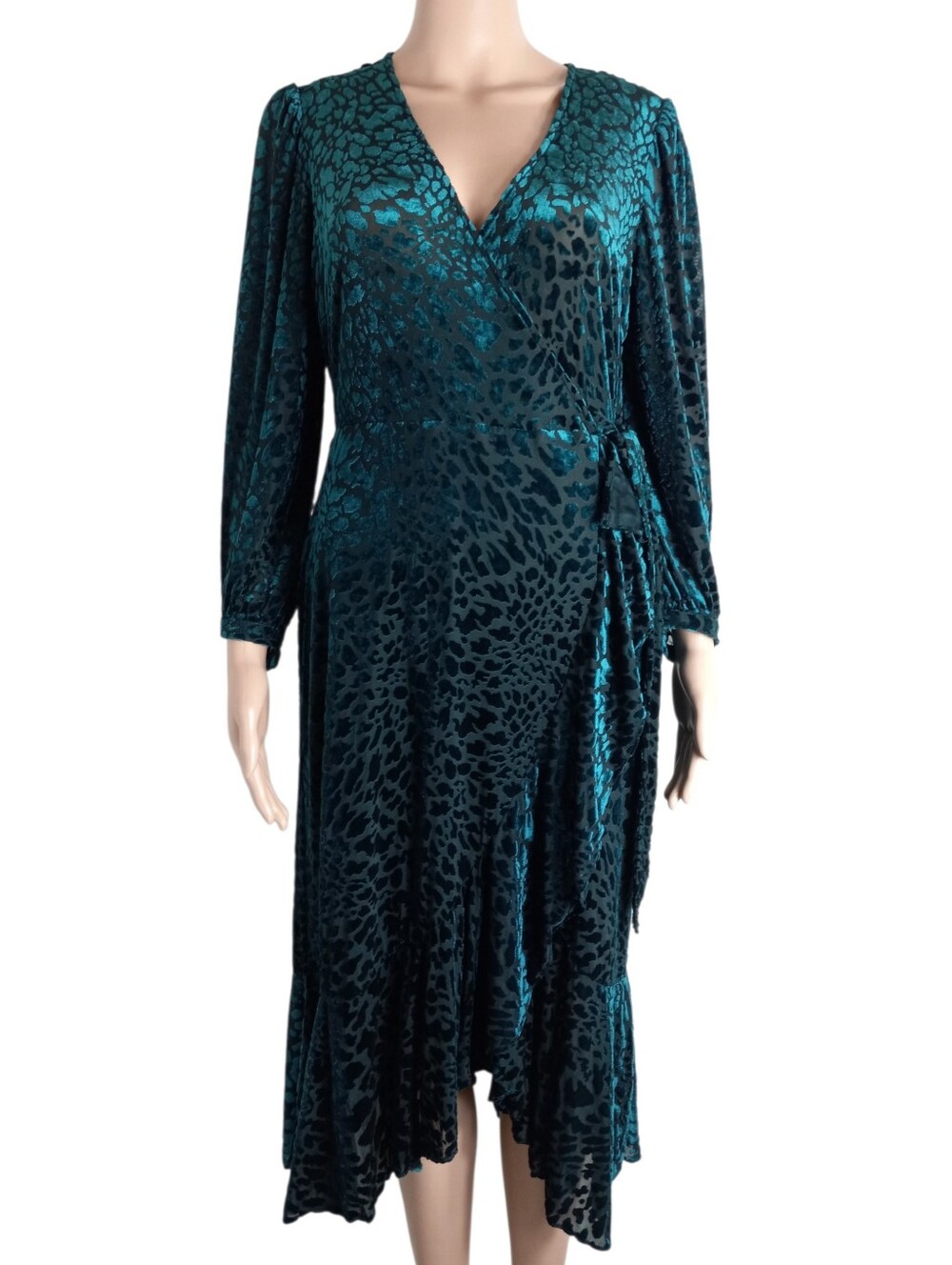Teal Velvet Animal-Print Wrap Dress